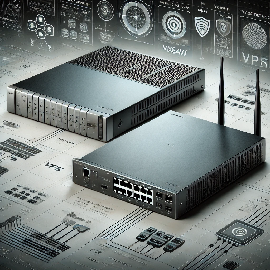 A detailed comparison between two network firewall devices, Juniper MX64W and MX65. Both devices are shown side-by-side in a modern, tech-oriented sty